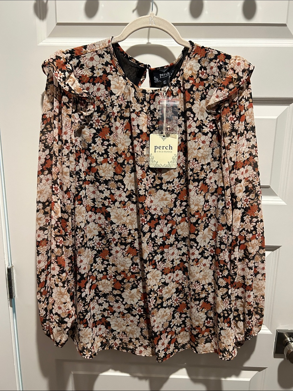 Perch Floral Ruffle-Neck Long Sleeve Blouse - Black Multi